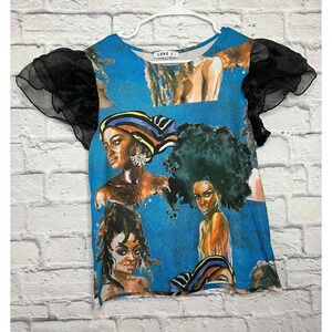 Love J graphic blouse with ruffle sleeves size M.